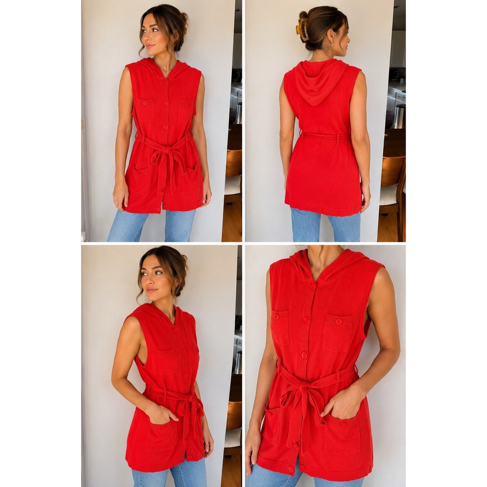 Anthropologie Tabitha Sweater Vest Womens L Red Belted Button Front Cotton